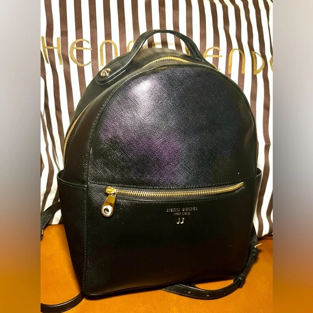 Henri Bendel Soho Black Leather Backpack Purse Gold Hardware 